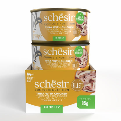 Schesir Complete Tuna with Chicken in Jelly | 100% Natural Fillets | Added Vitamins | Adult Cat | 12x85g