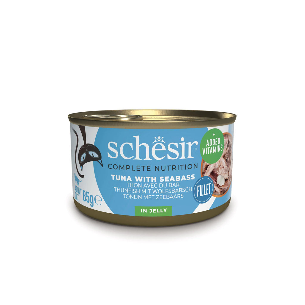 Schesir Complete Tuna with Seabass in Jelly | 100% Natural Fillets | Added Vitamins | Adult Cat | 12x85g