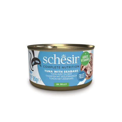 Schesir Complete Tuna with Seabass in Jelly | 100% Natural Fillets | Added Vitamins | Adult Cat | 12x85g