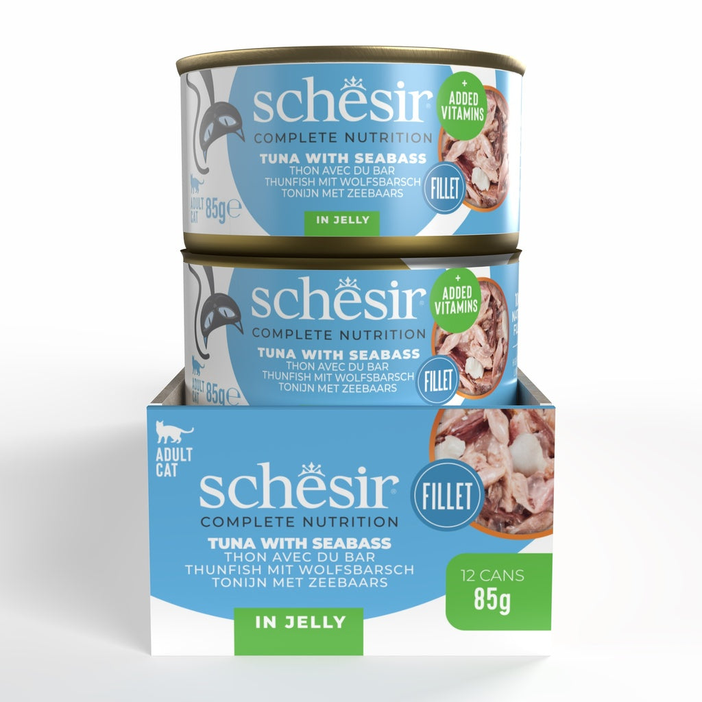 Schesir Complete Tuna with Seabass in Jelly | 100% Natural Fillets | Added Vitamins | Adult Cat | 12x85g