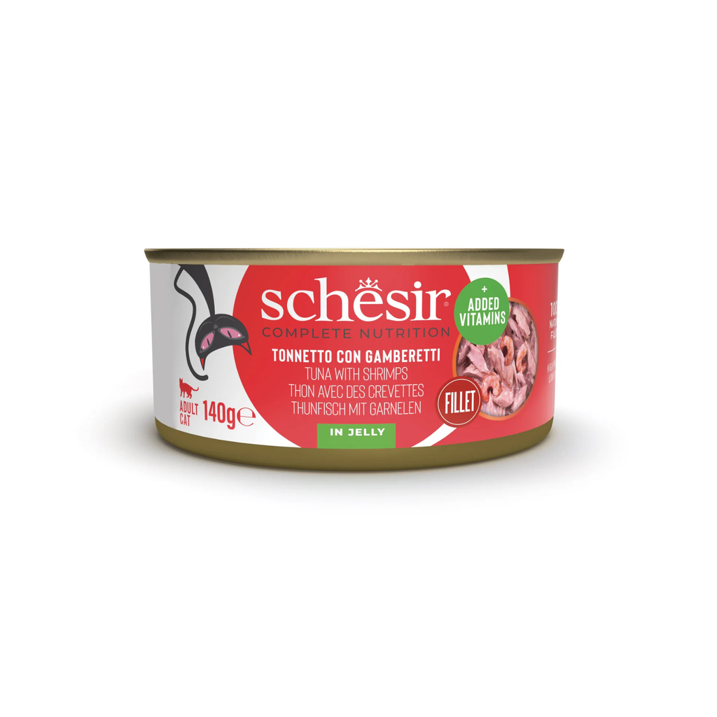 Schesir Complete Tuna with Shrimp in Jelly | 100% Natural Fillets | Added Vitamins | Adult Cat | 8x140g
