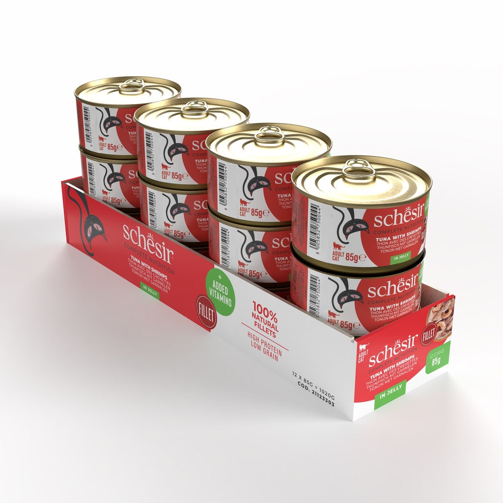 Schesir Complete Tuna with Shrimp in Jelly | 100% Natural Fillets | Added Vitamins | Adult Cat | 12x85g