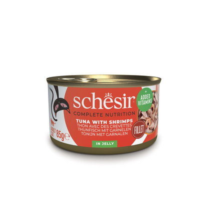 Schesir Complete Tuna with Shrimp in Jelly | 100% Natural Fillets | Added Vitamins | Adult Cat | 12x85g
