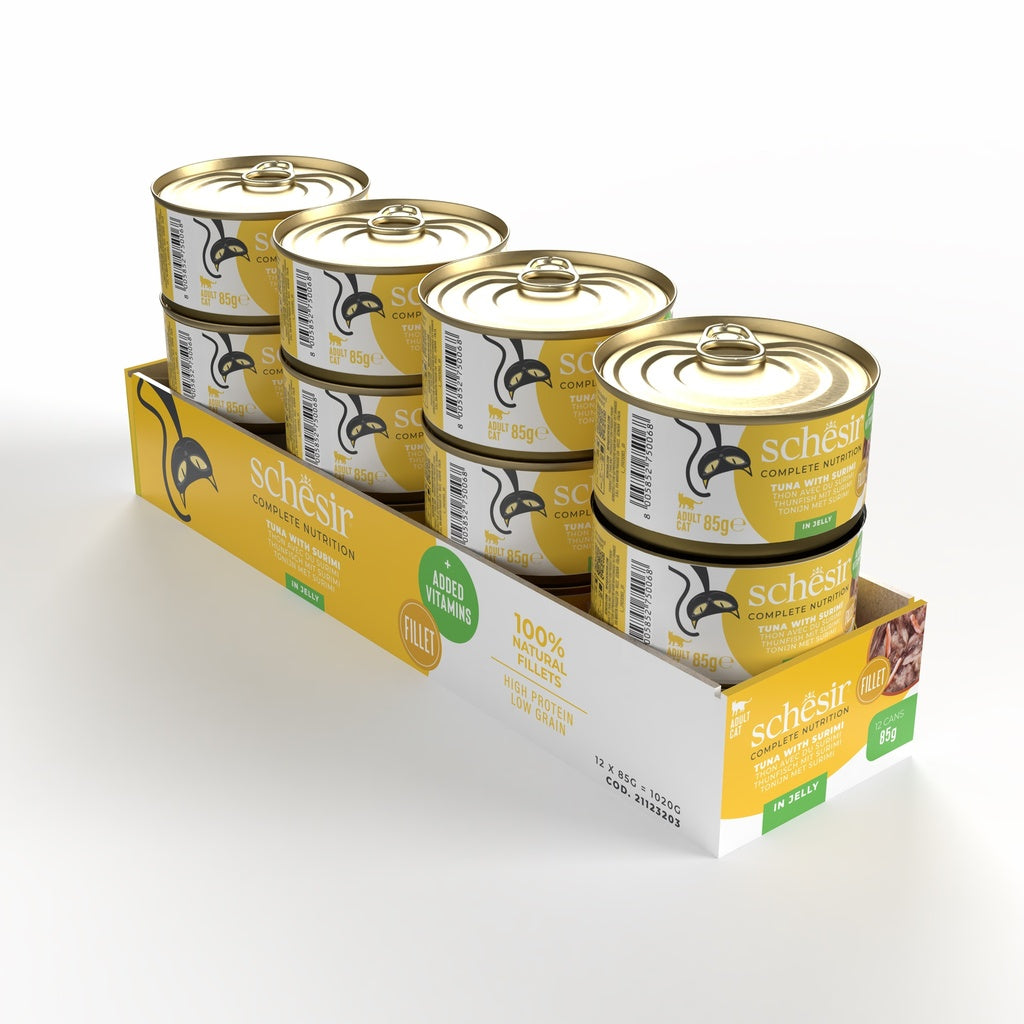 Schesir Complete Tuna with Surimi in Jelly | 100% Natural Fillets | Added Vitamins | Adult Cat | 12x85g