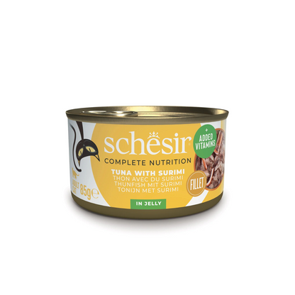 Schesir Complete Tuna with Surimi in Jelly | 100% Natural Fillets | Added Vitamins | Adult Cat | 12x85g