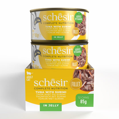 Schesir Complete Tuna with Surimi in Jelly | 100% Natural Fillets | Added Vitamins | Adult Cat | 12x85g