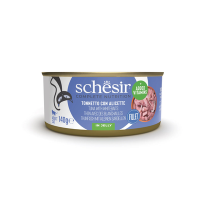 Schesir Complete Tuna with Whitebait in Jelly | 100% Natural Fillets | Added Vitamins | Adult Cat | 8x140g