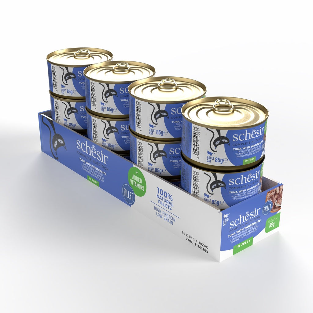 Schesir Complete Tuna with Whitebait in Jelly | 100% Natural Fillets | Added Vitamins | Adult Cat | 12x85g
