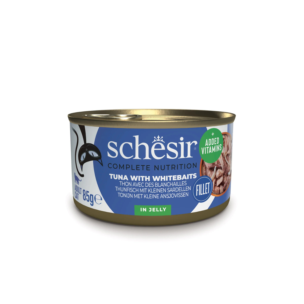 Schesir Complete Tuna with Whitebait in Jelly | 100% Natural Fillets | Added Vitamins | Adult Cat | 12x85g