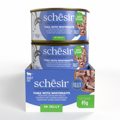Schesir Complete Tuna with Whitebait in Jelly | 100% Natural Fillets | Added Vitamins | Adult Cat | 12x85g