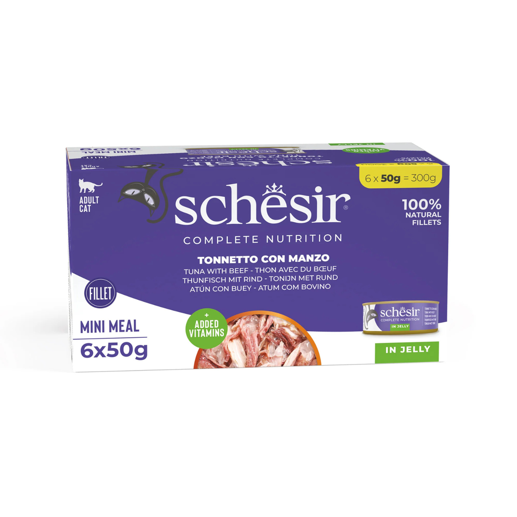 Schesir Complete Tuna with Beef Mini Meal in Jelly | 100% Natural Fillets | Added Vitamins | Adult Cat | 6x50g