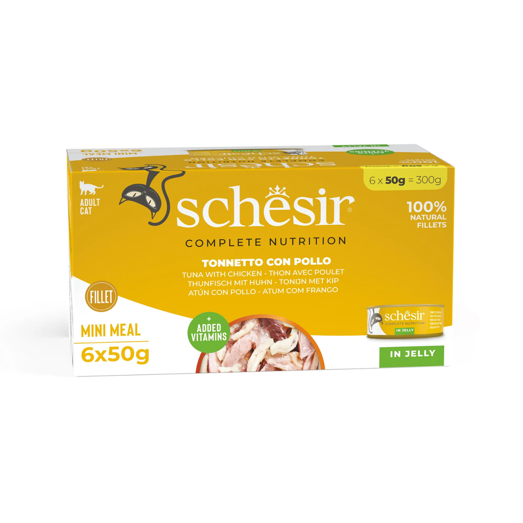 Schesir Complete Tuna with Chicken Mini Meal in Jelly | 100% Natural Fillets | Added Vitamins | Adult Cat | 6x50g