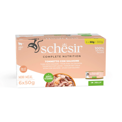Schesir Complete Tuna with Salmon Mini Meal in Jelly | 100% Natural Fillets | Added Vitamins | Adult Cat | 6x50g