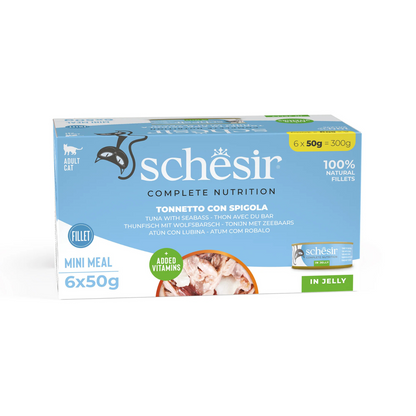 Schesir Complete Tuna with Seabass Mini Meal in Jelly | 100% Natural Fillets | Added Vitamins | Adult Cat | 6x50g
