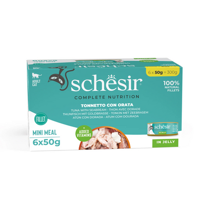 Schesir Complete Tuna with Seabream Mini Meal in Jelly | 100% Natural Fillets | Added Vitamins | Adult Cat | 6x50g