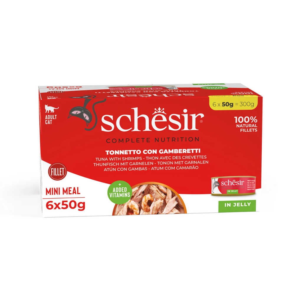 Schesir Complete Tuna with Shrimp Mini Meal in Jelly | 100% Natural Fillets | Added Vitamins | Adult Cat | 6x50g