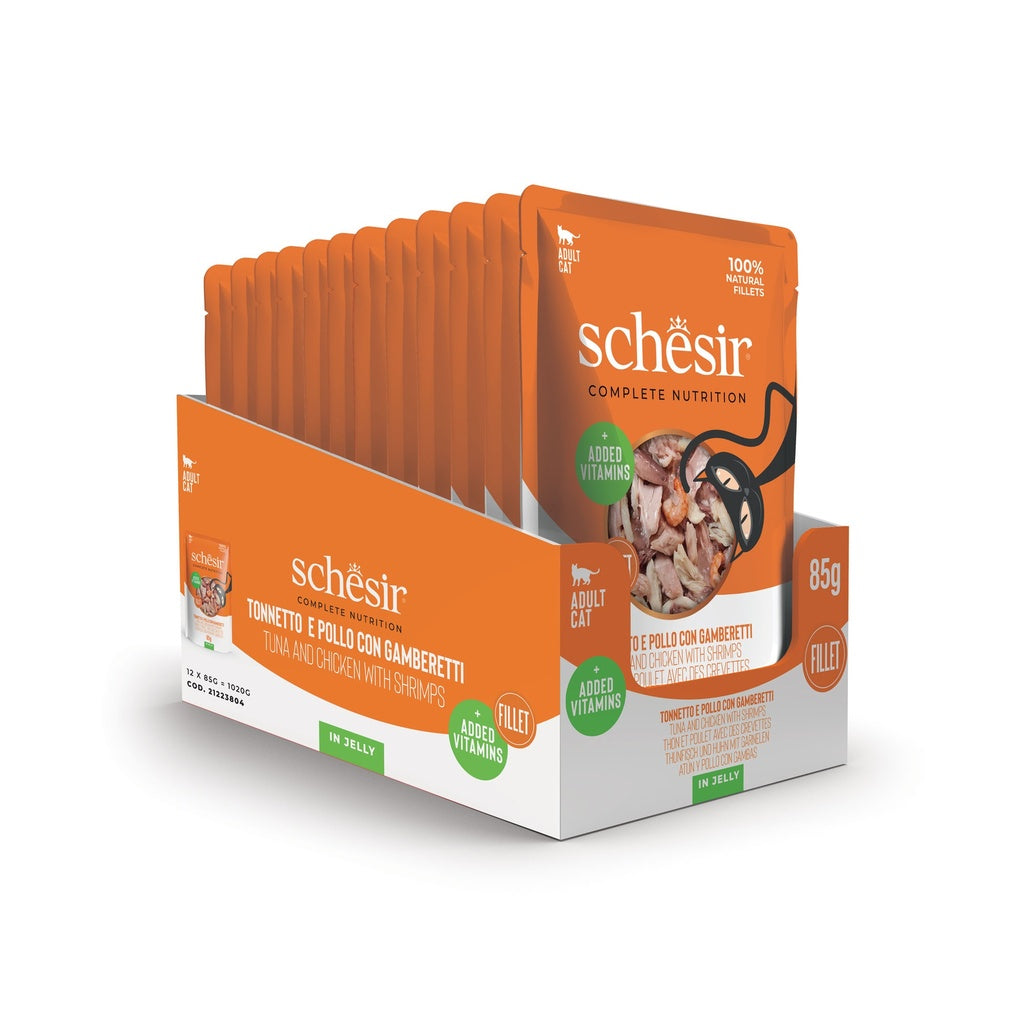 Schesir Complete & Balanced Tuna & Chicken with Shrimp in Jelly | 100% Natural Fillets | Added Vitamins | Adult Cat | 12 x 85g