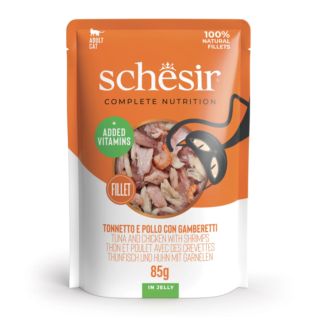 Schesir Complete & Balanced Tuna & Chicken with Shrimp in Jelly | 100% Natural Fillets | Added Vitamins | Adult Cat | 12 x 85g