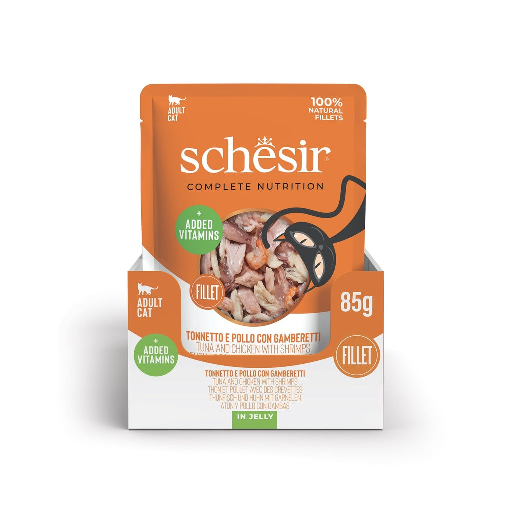 Schesir Complete & Balanced Tuna & Chicken with Shrimp in Jelly | 100% Natural Fillets | Added Vitamins | Adult Cat | 12 x 85g