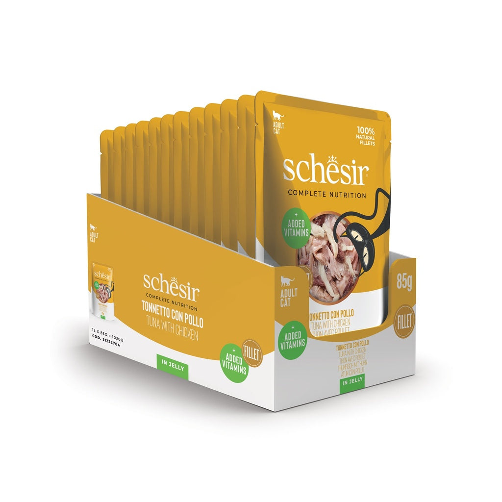 Schesir Complete Tuna with Chicken in Jelly | 100% Natural Fillets | Added Vitamins | Adult Cat | 12x85g