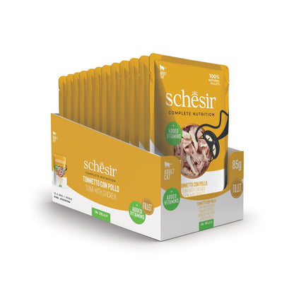 Schesir Complete Tuna with Chicken in Jelly | 100% Natural Fillets | Added Vitamins | Adult Cat | 12x85g