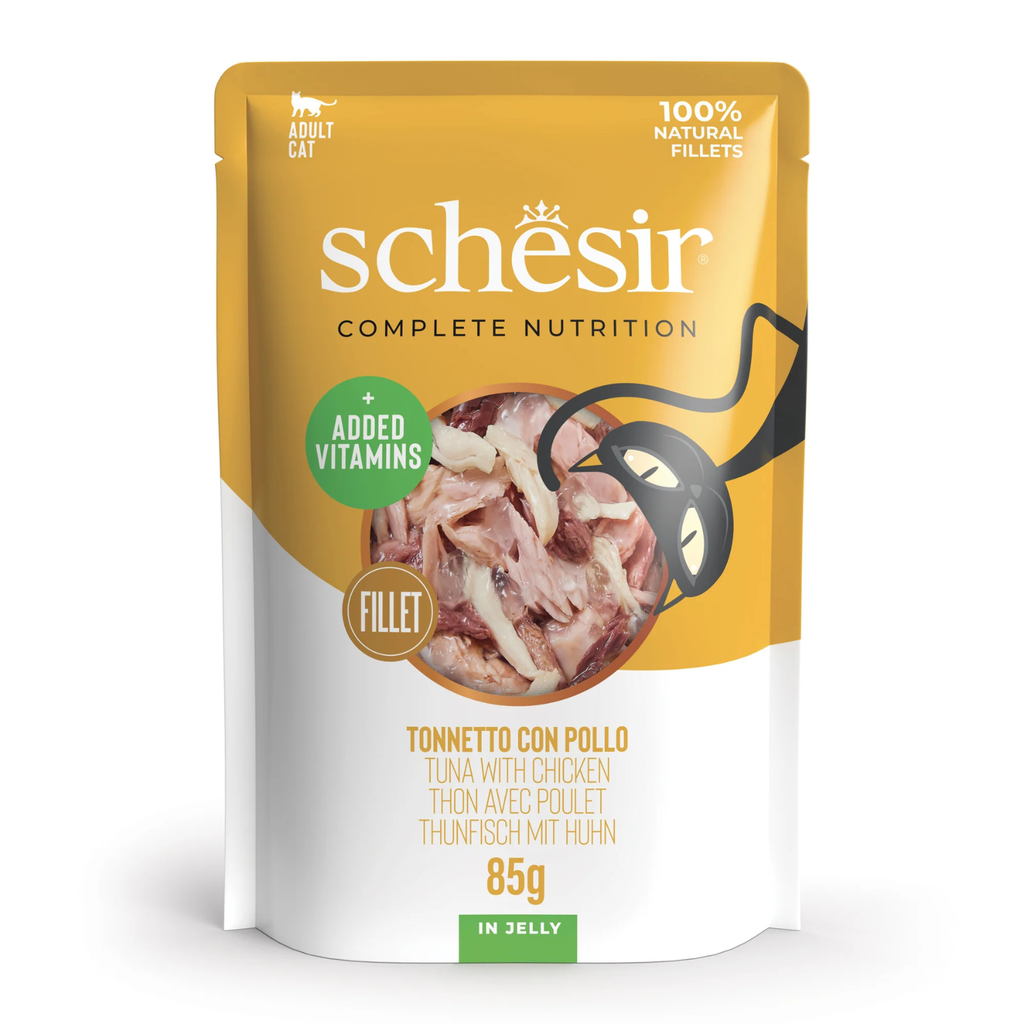 Schesir Complete Tuna with Chicken in Jelly | 100% Natural Fillets | Added Vitamins | Adult Cat | 12x85g