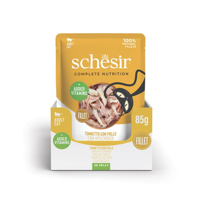 Schesir Complete Tuna with Chicken in Jelly | 100% Natural Fillets | Added Vitamins | Adult Cat | 12x85g