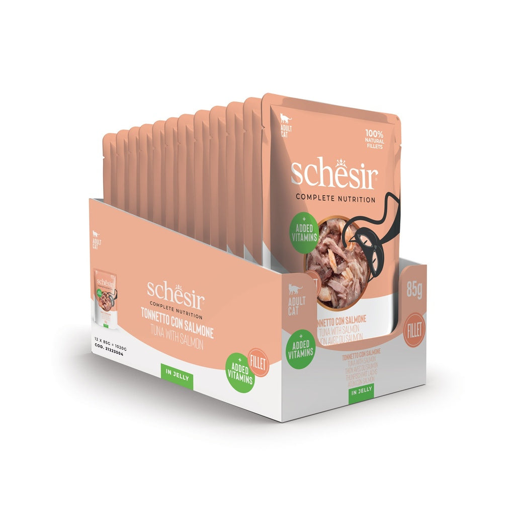 Schesir Complete Tuna with Salmon in Jelly | 100% Natural Fillets | Added Vitamins | Adult Cat | 12x85g