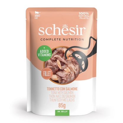 Schesir Complete Tuna with Salmon in Jelly | 100% Natural Fillets | Added Vitamins | Adult Cat | 12x85g