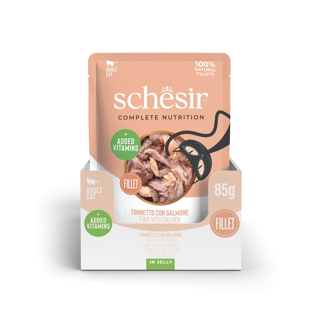 Schesir Complete Tuna with Salmon in Jelly | 100% Natural Fillets | Added Vitamins | Adult Cat | 12x85g