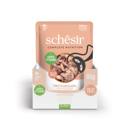 Schesir Complete Tuna with Salmon in Jelly | 100% Natural Fillets | Added Vitamins | Adult Cat | 12x85g