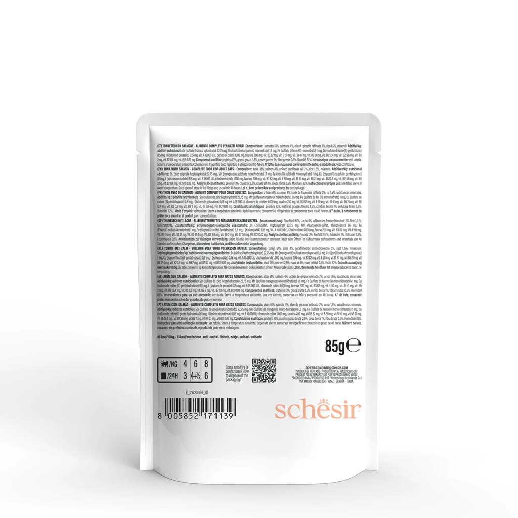 Schesir Complete Tuna with Salmon in Jelly | 100% Natural Fillets | Added Vitamins | Adult Cat | 12x85g