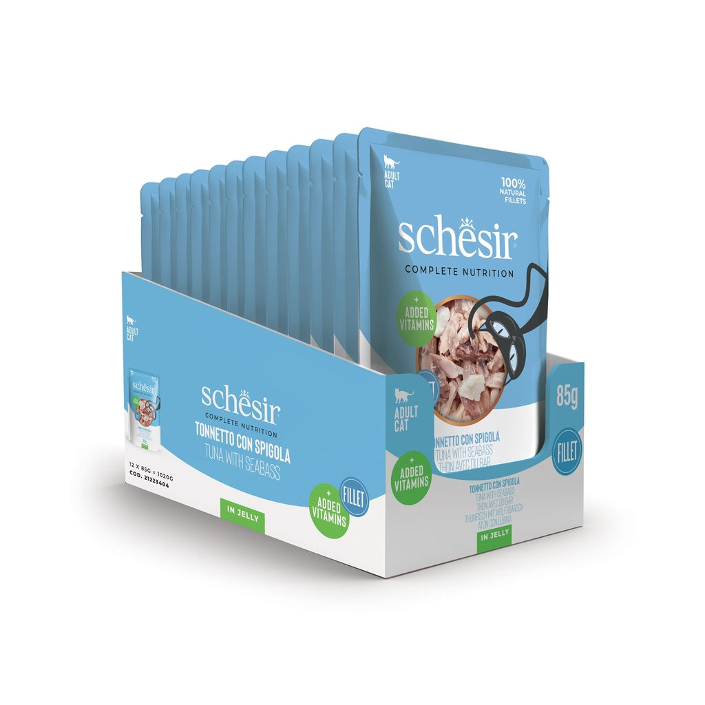 Schesir Complete Tuna with Seabass in Jelly | 100% Natural Fillets | Added Vitamins | Adult Cat | 12x85g