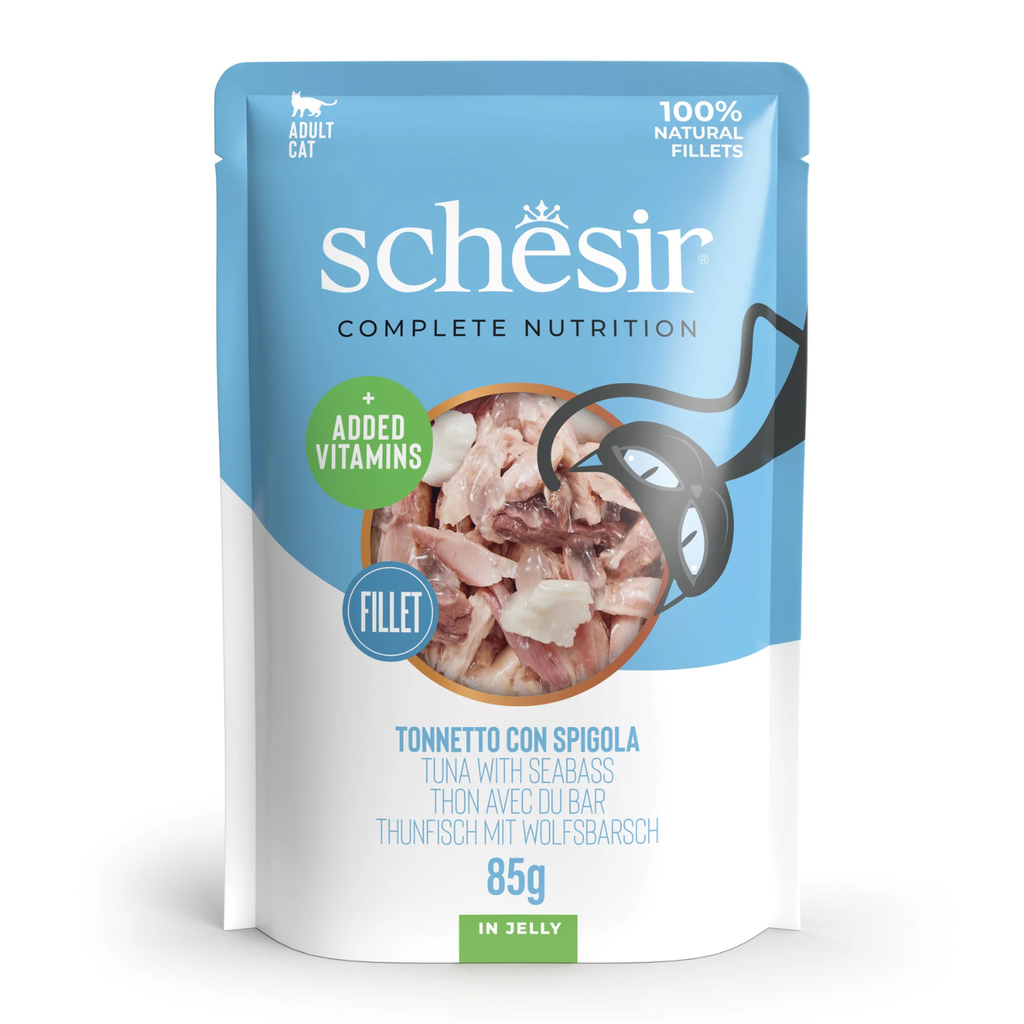 Schesir Complete Tuna with Seabass in Jelly | 100% Natural Fillets | Added Vitamins | Adult Cat | 12x85g