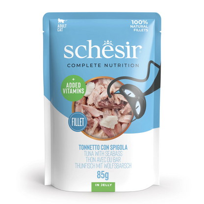 Schesir Complete Tuna with Seabass in Jelly | 100% Natural Fillets | Added Vitamins | Adult Cat | 12x85g