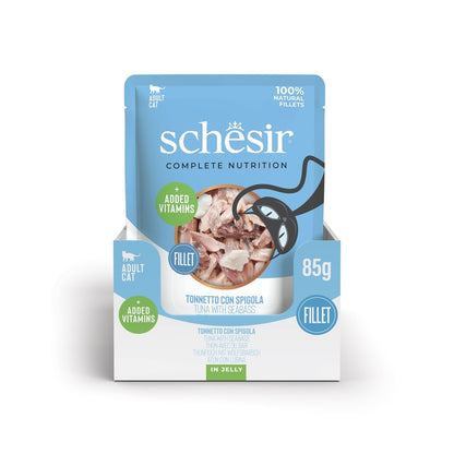Schesir Complete Tuna with Seabass in Jelly | 100% Natural Fillets | Added Vitamins | Adult Cat | 12x85g