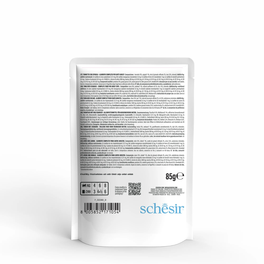 Schesir Complete Tuna with Seabass in Jelly | 100% Natural Fillets | Added Vitamins | Adult Cat | 12x85g