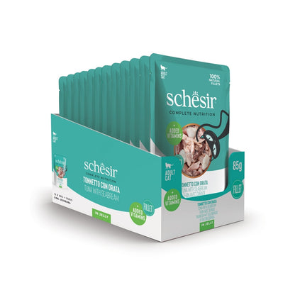 Schesir Complete Tuna with Seabream in Jelly | 100% Natural Fillets | Added Vitamins | Adult Cat | 12x85g