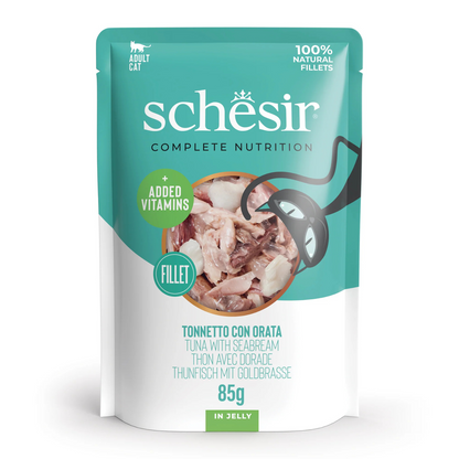 Schesir Complete Tuna with Seabream in Jelly | 100% Natural Fillets | Added Vitamins | Adult Cat | 12x85g