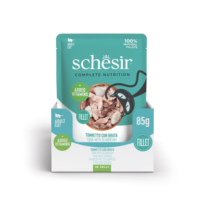 Schesir Complete Tuna with Seabream in Jelly | 100% Natural Fillets | Added Vitamins | Adult Cat | 12x85g
