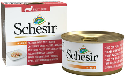 Schesir Dog Wet Food Chicken with Sweet Potatoes and Carrots | Small Adult | In Sauce | Complementary | 14x85g