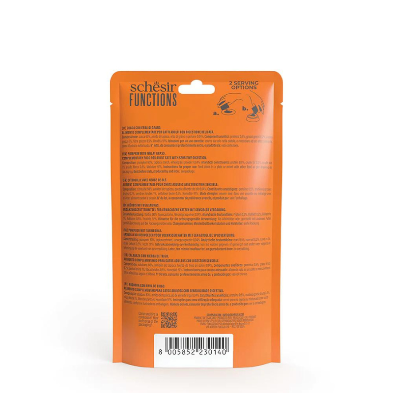 Schesir Functions Digestive Topper Pumpkin with Wheat Grass | For Sensitive Cats | Grain Free | 12x40g