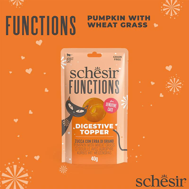Schesir Functions Digestive Topper Pumpkin with Wheat Grass | For Sensitive Cats | Grain Free | 12x40g