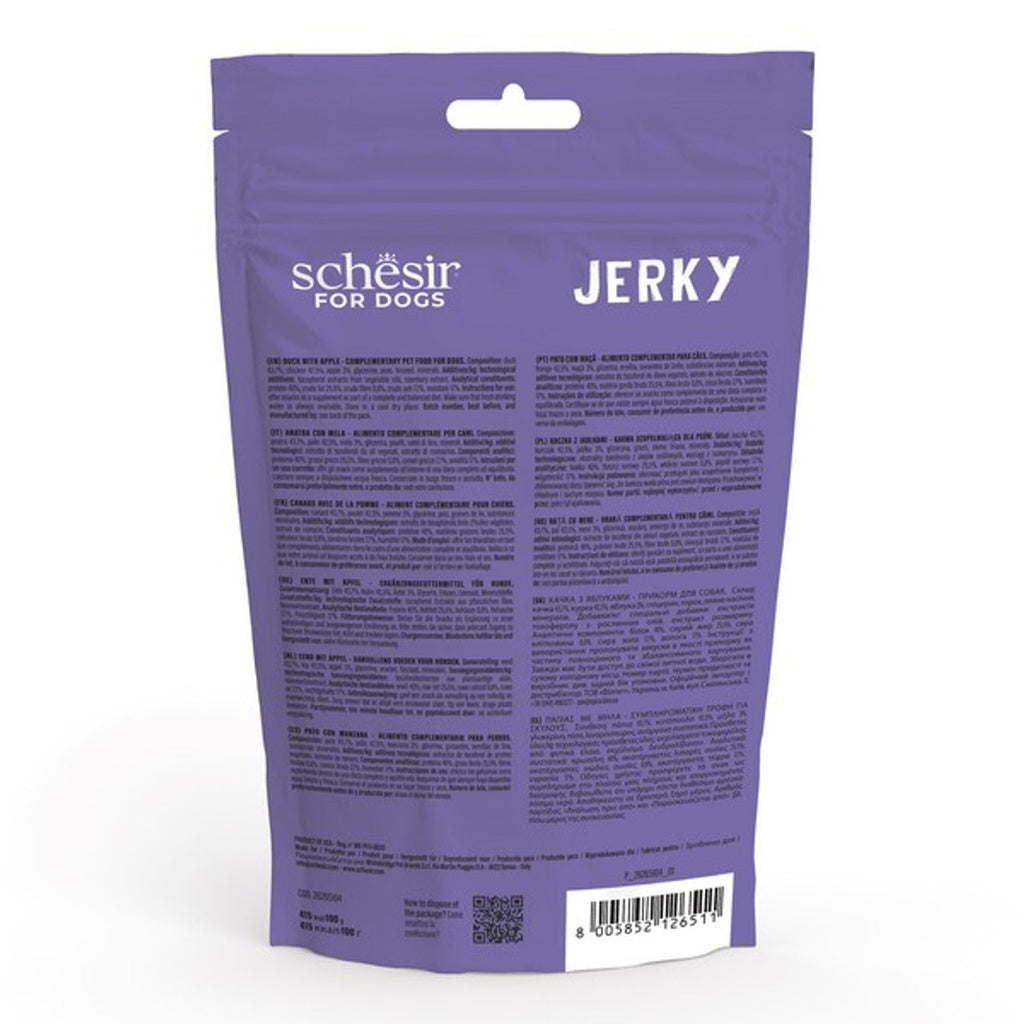 Schesir Grain-Free Duck with Apple Jerky for Dogs | Duck First Ingredient | 40% Protein | Made in USA | 145g