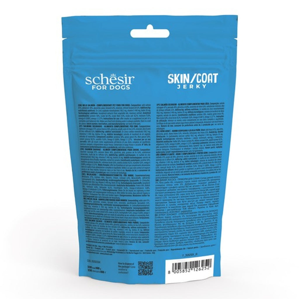 Schesir Grain-Free Skin & Coat Jerky for Dogs Salmon | 58% Protein | Wild Salmon First Ingredient | Made in USA | 115g