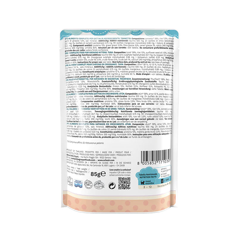 Schesir Kitten Care 3-12 Tuna in Jelly Pouch | Complete & Balanced | Kittens 3-12 Months | 20x85g