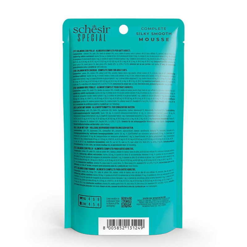 Schesir Special Mousse Skin & Coat Salmon with Chicken | With Coconut & Tuna Oil | Complete | Grain Free | Adult Cat | 12x70g