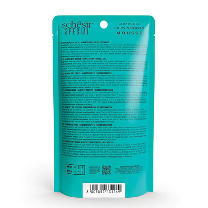 Schesir Special Mousse Skin & Coat Salmon with Chicken | With Coconut & Tuna Oil | Complete | Grain Free | Adult Cat | 12x70g