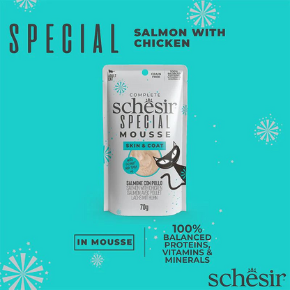 Schesir Special Mousse Skin & Coat Salmon with Chicken | With Coconut & Tuna Oil | Complete | Grain Free | Adult Cat | 12x70g