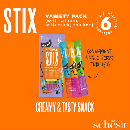 Schesir Stix Treat Variety Pack | Chicken, Duck & Salmon | Creamy Cat Snacks | Grain Free | 6x15g